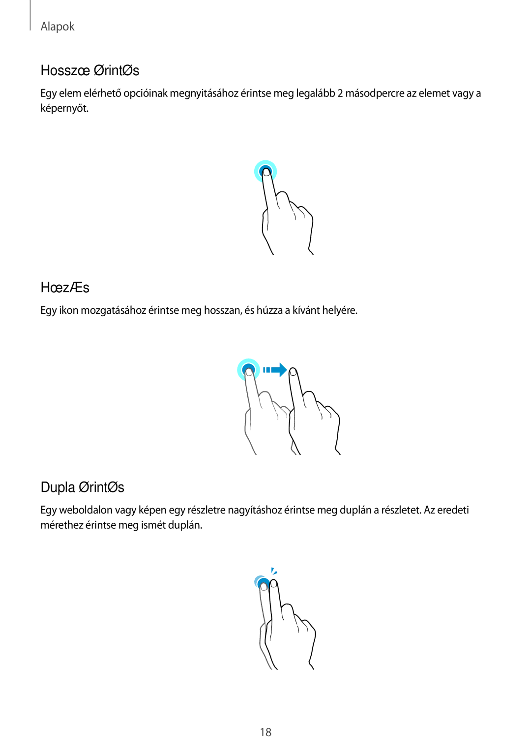 Samsung SM2G531FZWATMH, SM-G531FZWACOS, SM-G531FZAAPLS, SM-G531FZAADPL, SM-G531FZWAIDE Hosszú érintés, Húzás, Dupla érintés 