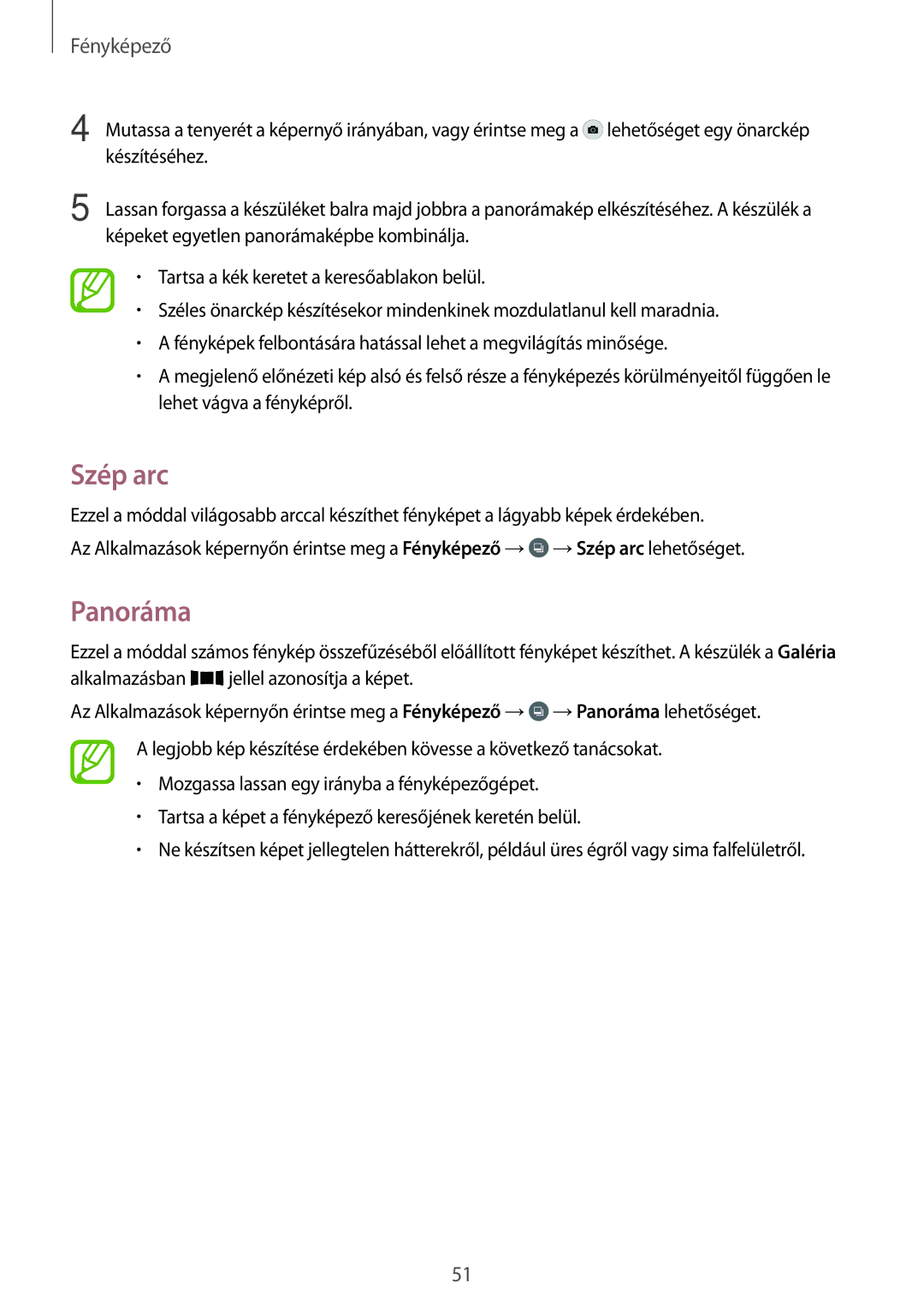 Samsung SM-G531FZAAXEO, SM-G531FZWACOS, SM-G531FZAAPLS, SM-G531FZAADPL, SM-G531FZWAIDE, SM-G531FZAAIDE manual Szép arc, Panoráma 