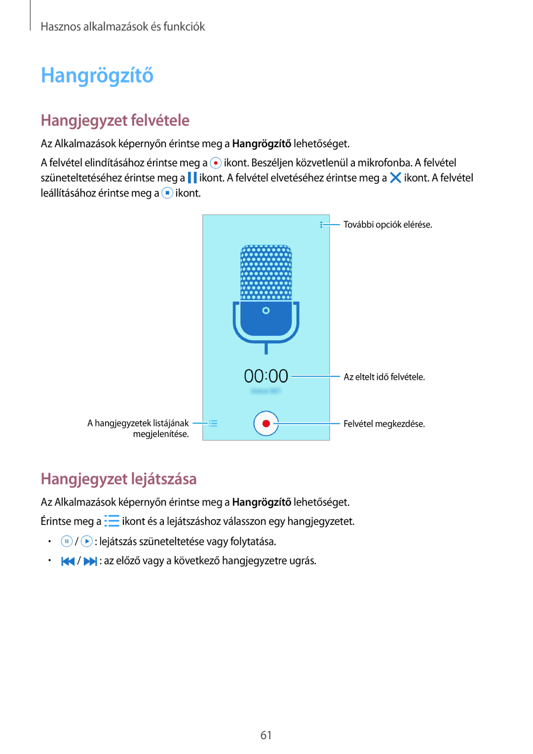 Samsung SM2G531FZAAO2C, SM-G531FZWACOS, SM-G531FZAAPLS manual Hangrögzítő, Hangjegyzet felvétele, Hangjegyzet lejátszása 