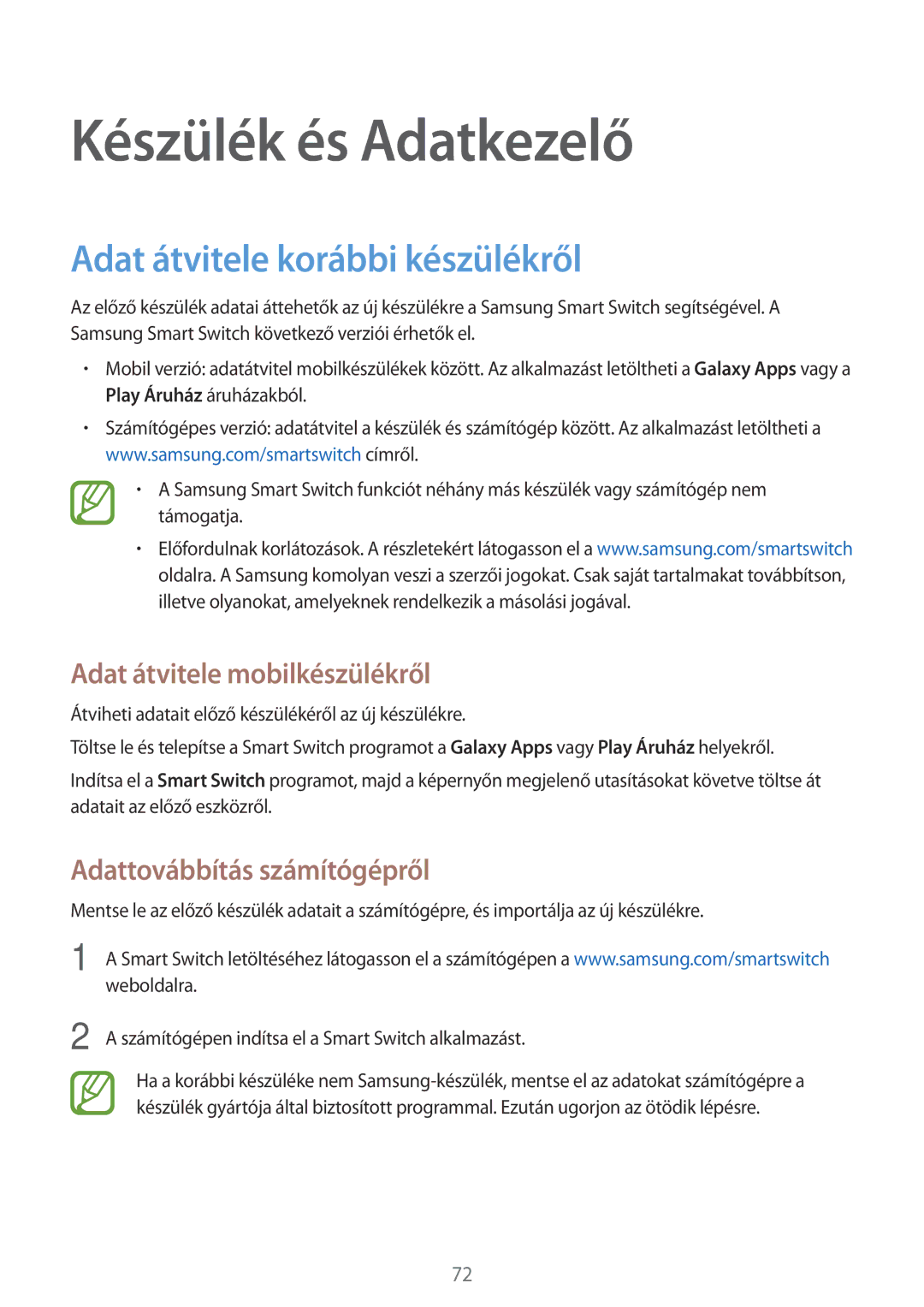 Samsung SM-G531FZAATMH manual Készülék és Adatkezelő, Adat átvitele korábbi készülékről, Adat átvitele mobilkészülékről 