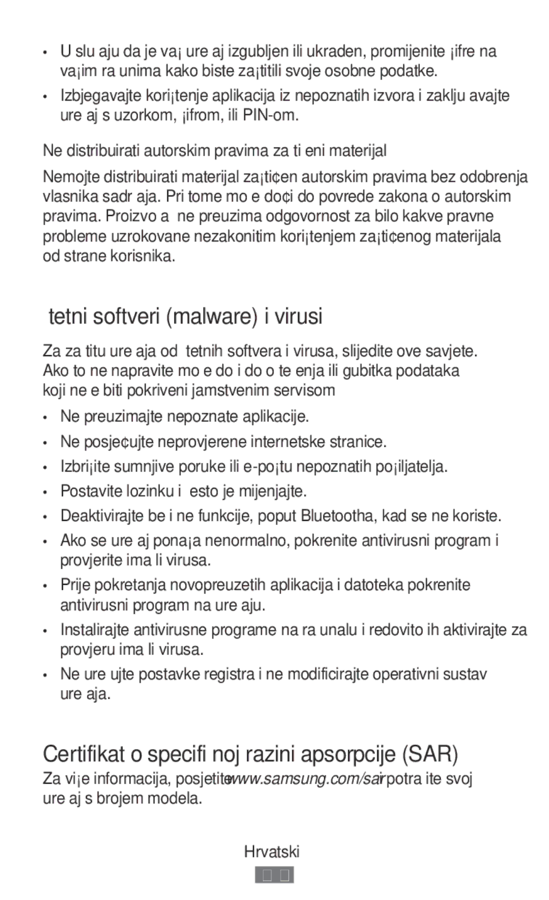 Samsung SM-G531FZWADBT manual Štetni softveri malware i virusi, Ne distribuirati autorskim pravima zaštićeni materijal 