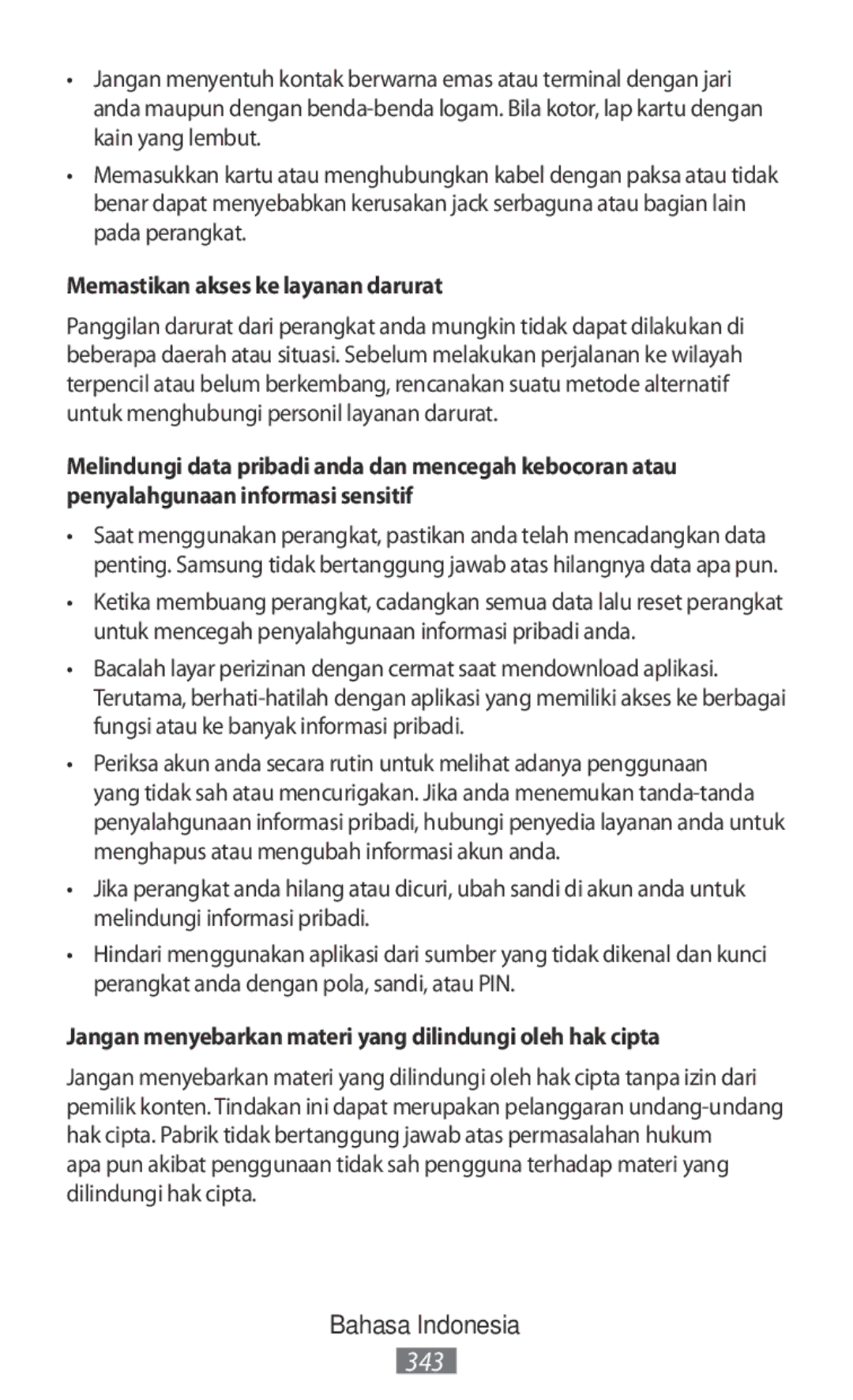 Samsung SM-G531FZWASEE manual Memastikan akses ke layanan darurat, Jangan menyebarkan materi yang dilindungi oleh hak cipta 