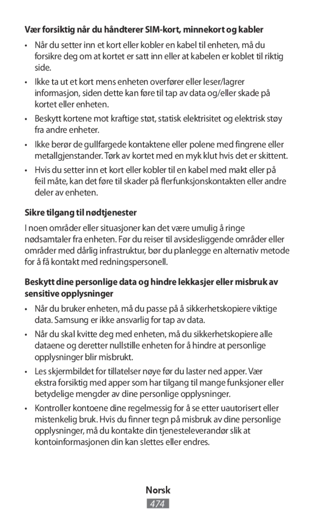 Samsung SM2G531FZAATMH manual Vær forsiktig når du håndterer SIM-kort, minnekort og kabler, Sikre tilgang til nødtjenester 