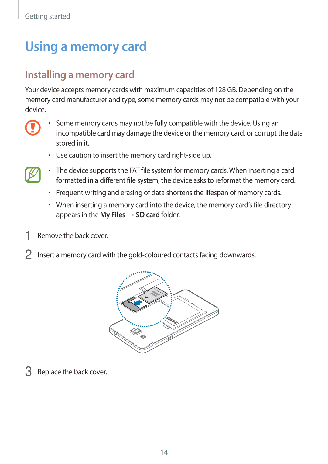 Samsung SM-G531FZDASFR, SM-G531FZWAMEO, SM-G531FZWACOS, SM-G531FZAATCL manual Using a memory card, Installing a memory card 