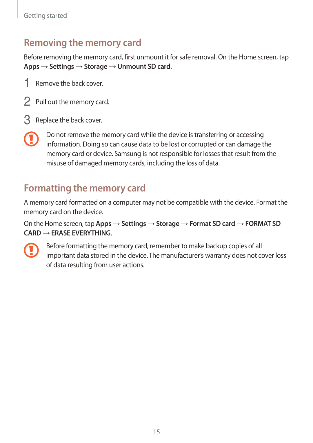 Samsung SM-G531FZAATPH, SM-G531FZWAMEO, SM-G531FZWACOS, SM-G531FZAATCL Removing the memory card, Formatting the memory card 