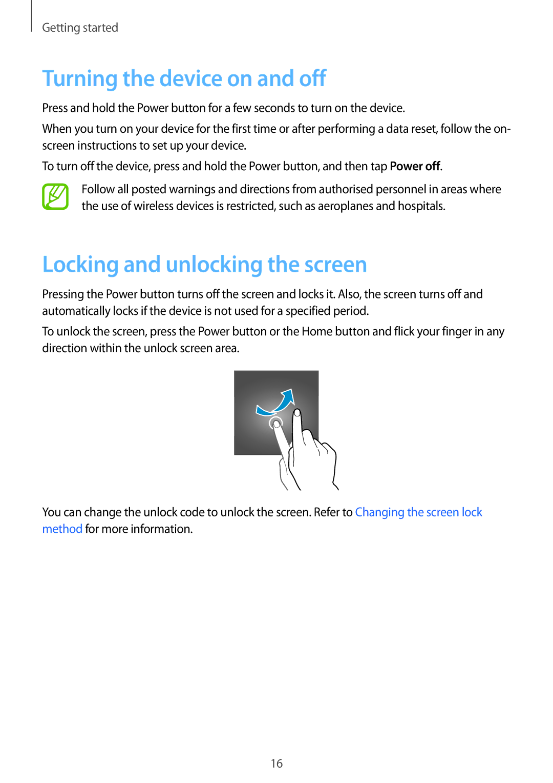 Samsung SM-G531FZWASEB, SM-G531FZWAMEO, SM-G531FZWACOS manual Turning the device on and off, Locking and unlocking the screen 