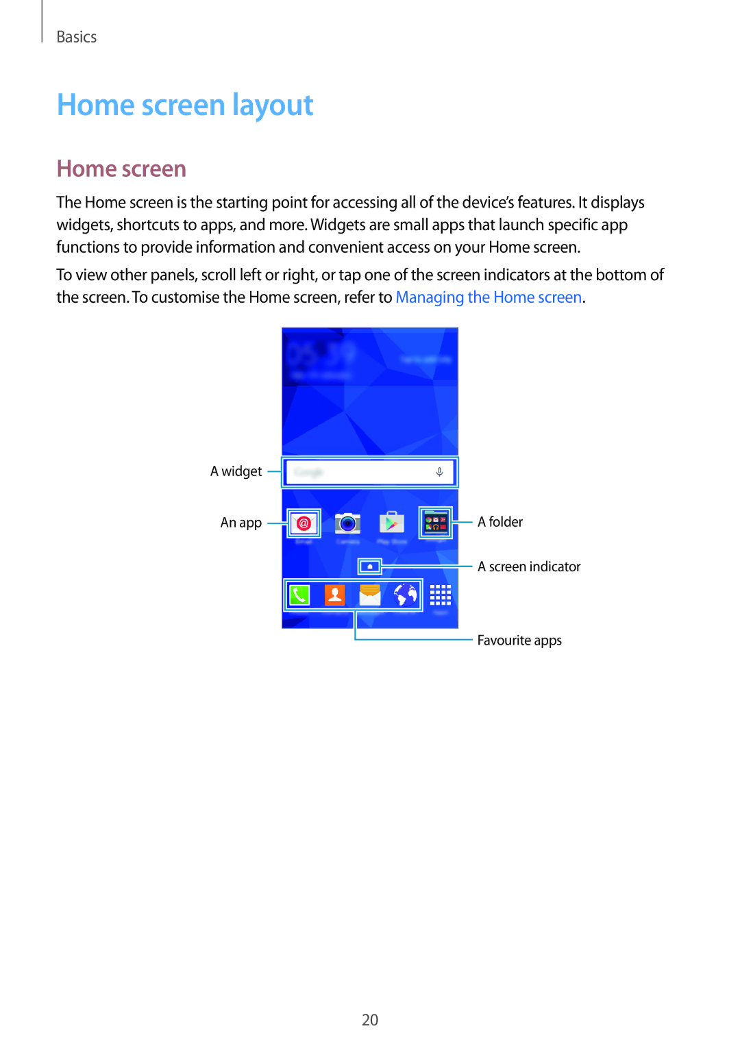 Samsung SM-G531FZAAFTM, SM-G531FZWAMEO, SM-G531FZWACOS, SM-G531FZAATCL, SM-G531FZAAPLS, SM-G531FZWATPH manual Home screen layout 