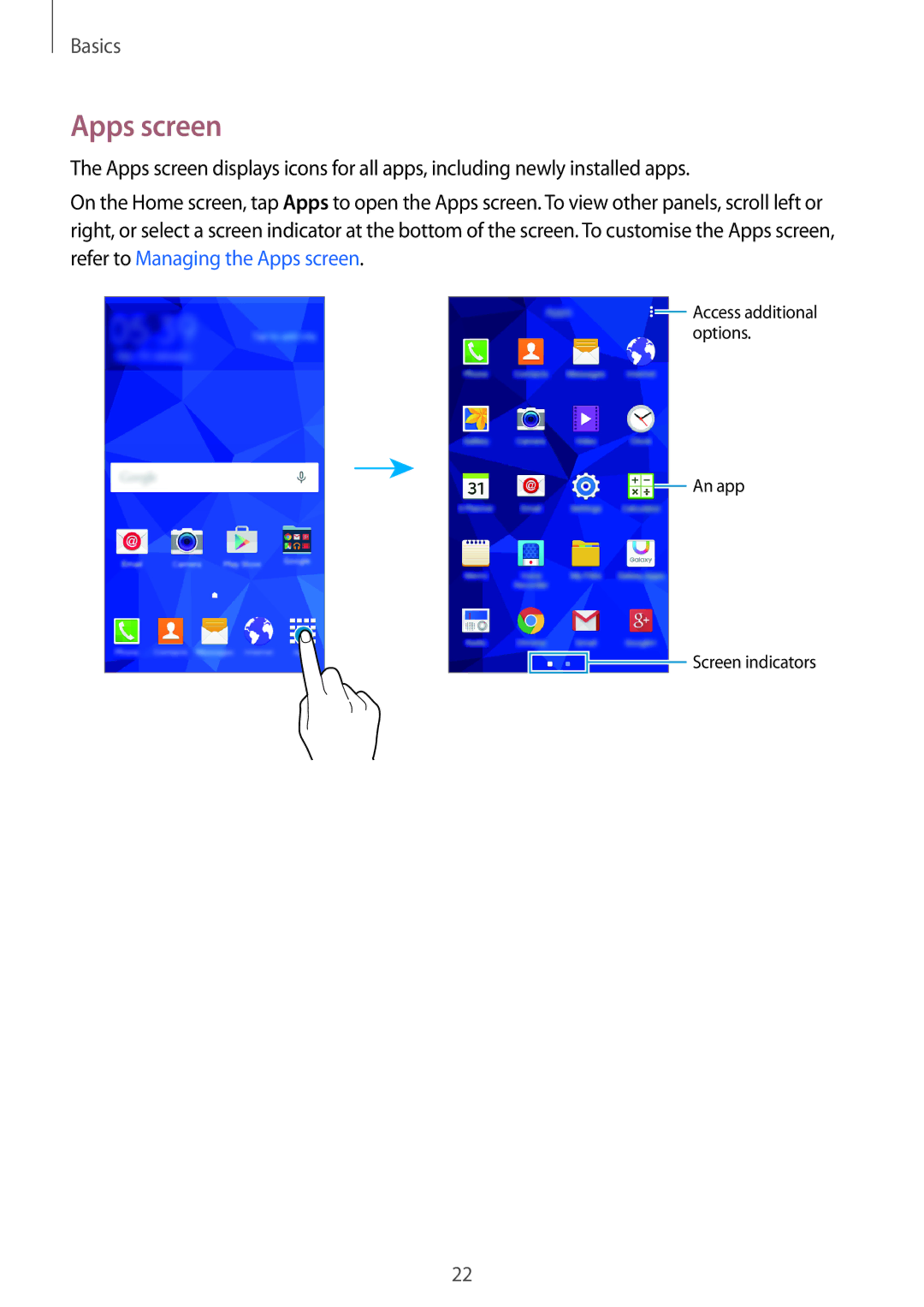 Samsung SM-G531FZWAPRT, SM-G531FZWAMEO, SM-G531FZWACOS, SM-G531FZAATCL, SM-G531FZAAPLS, SM-G531FZWATPH manual Apps screen 