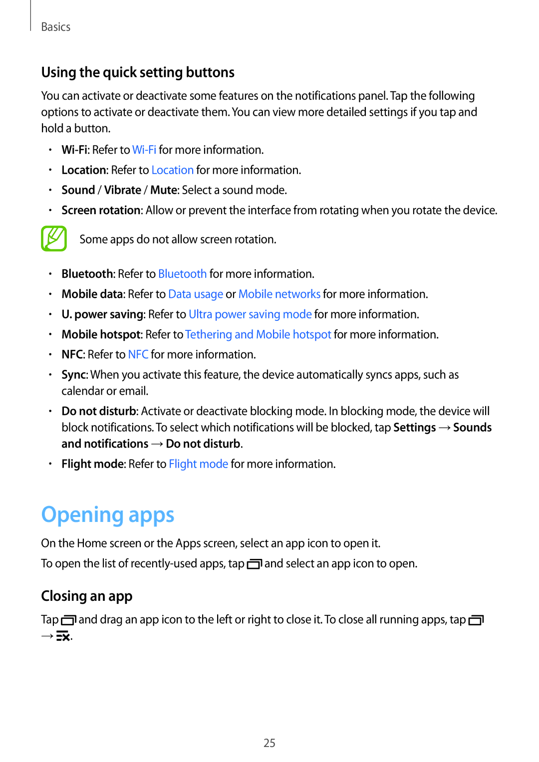 Samsung SM-G531FZDASEB, SM-G531FZWAMEO, SM-G531FZWACOS manual Opening apps, Using the quick setting buttons, Closing an app 