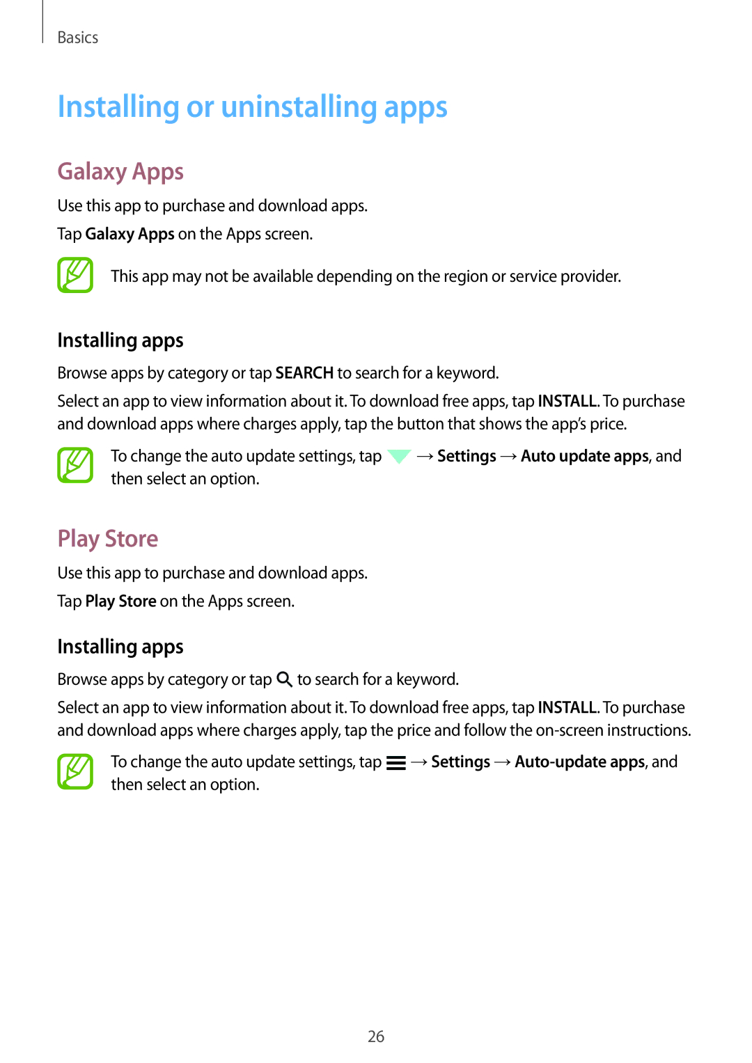 Samsung SM-G531FZDAIDE, SM-G531FZWAMEO manual Installing or uninstalling apps, Galaxy Apps, Play Store, Installing apps 