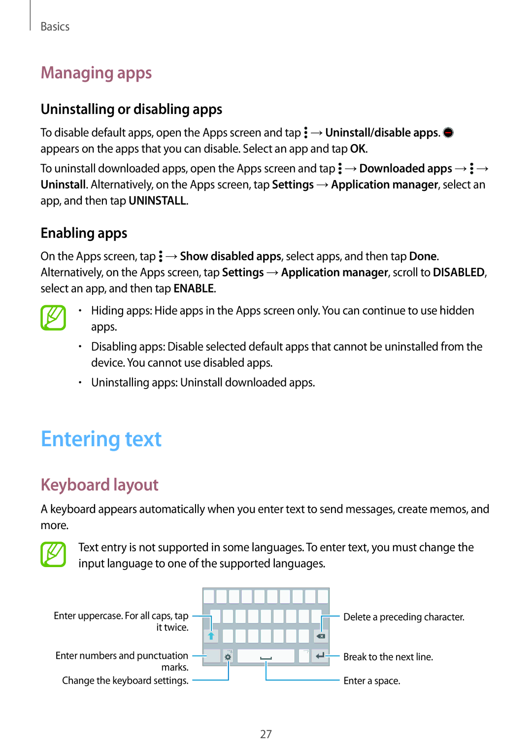 Samsung SM-G531FZAAEUR manual Entering text, Managing apps, Keyboard layout, Uninstalling or disabling apps, Enabling apps 