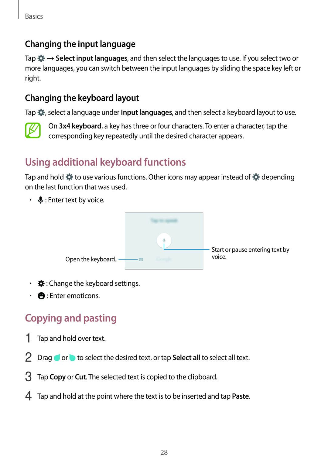 Samsung SM-G531FZWAPLS manual Using additional keyboard functions, Copying and pasting, Changing the input language 