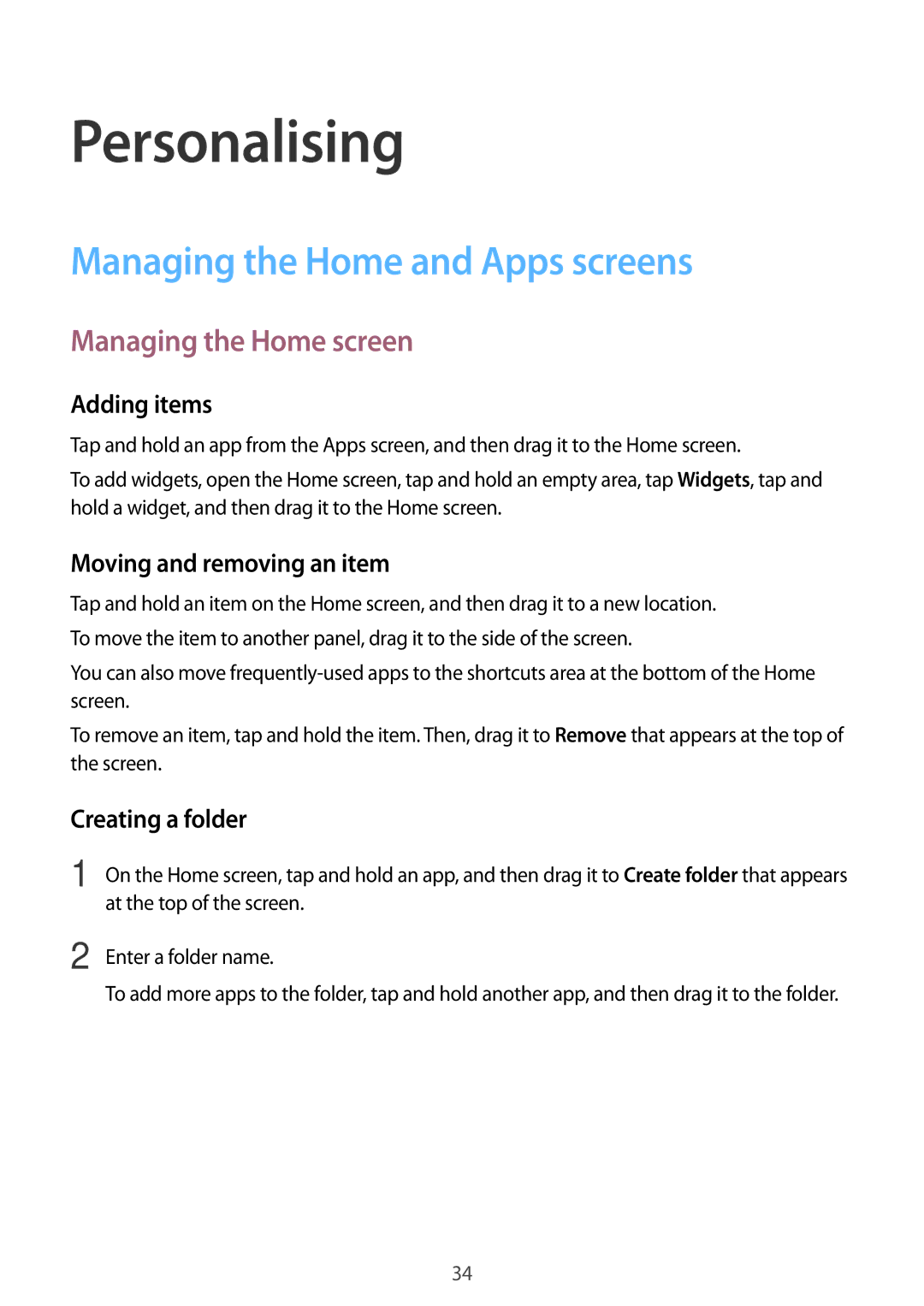 Samsung SM-G531FZAAMEO, SM-G531FZWAMEO manual Personalising, Managing the Home and Apps screens, Managing the Home screen 