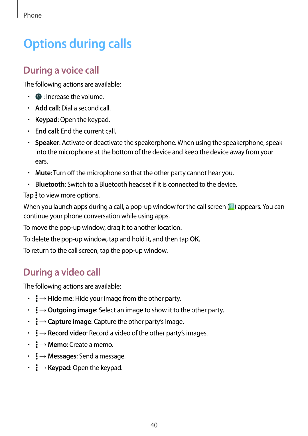 Samsung SM-G531FZDAPRT, SM-G531FZWAMEO, SM-G531FZWACOS manual Options during calls, During a voice call, During a video call 