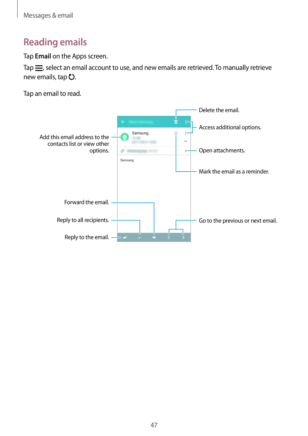 Samsung SM-G531FZAAPHN, SM-G531FZWAMEO, SM-G531FZWACOS, SM-G531FZAATCL, SM-G531FZAAPLS, SM-G531FZWATPH manual Reading emails 