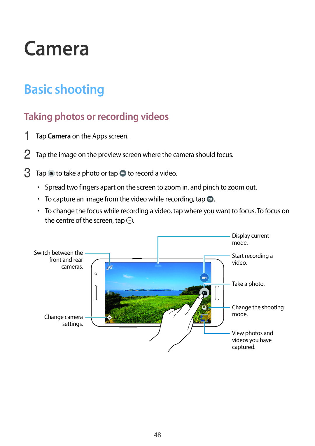 Samsung SM-G531FZWATIM, SM-G531FZWAMEO, SM-G531FZWACOS manual Camera, Basic shooting, Taking photos or recording videos 