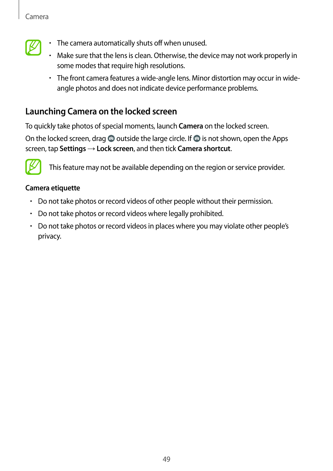 Samsung SM-G531FZAATIM, SM-G531FZWAMEO, SM-G531FZWACOS manual Launching Camera on the locked screen, Camera etiquette 