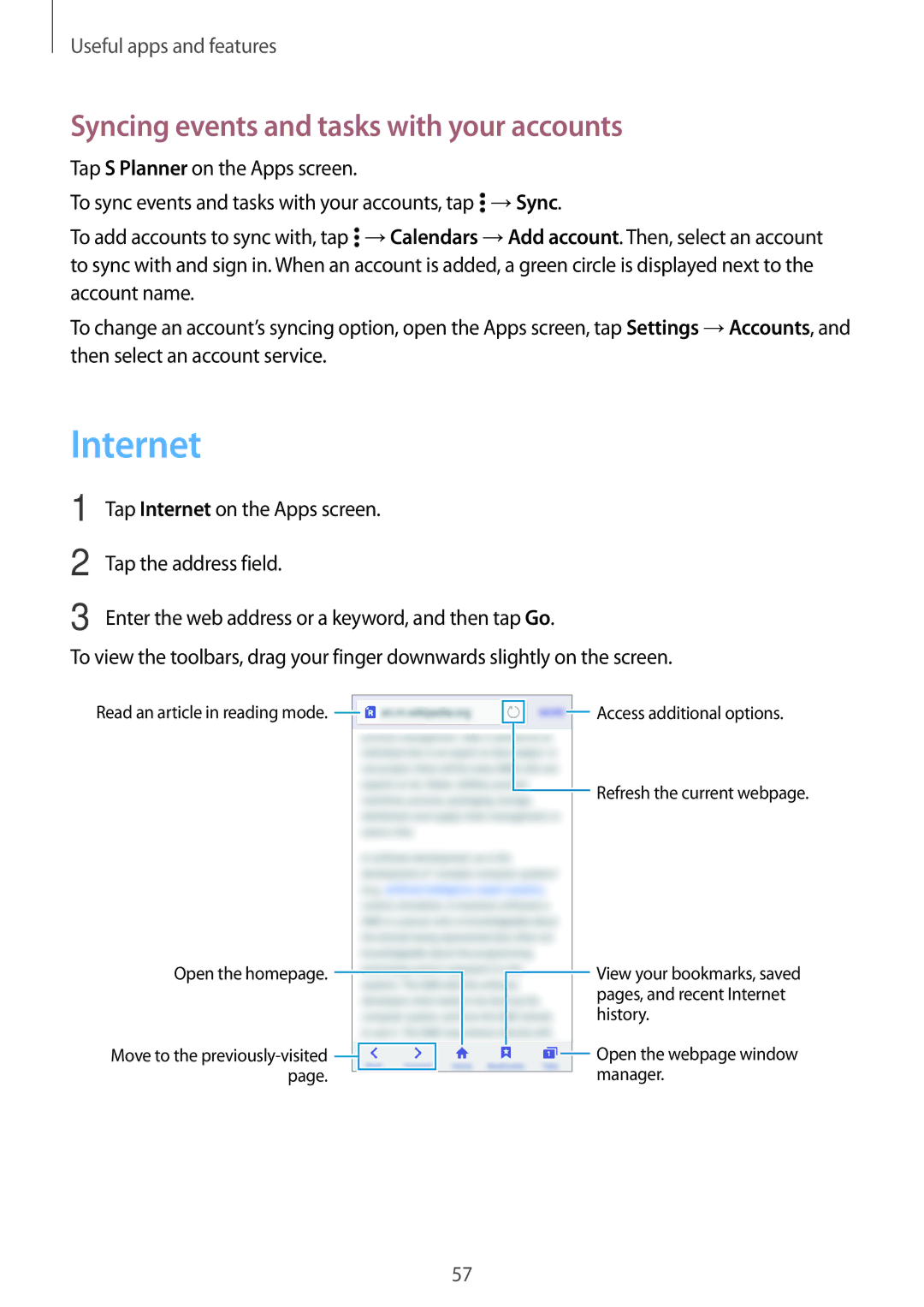 Samsung SM-G531FZAASEE, SM-G531FZWAMEO, SM-G531FZWACOS, SM-G531FZAATCL Internet, Syncing events and tasks with your accounts 