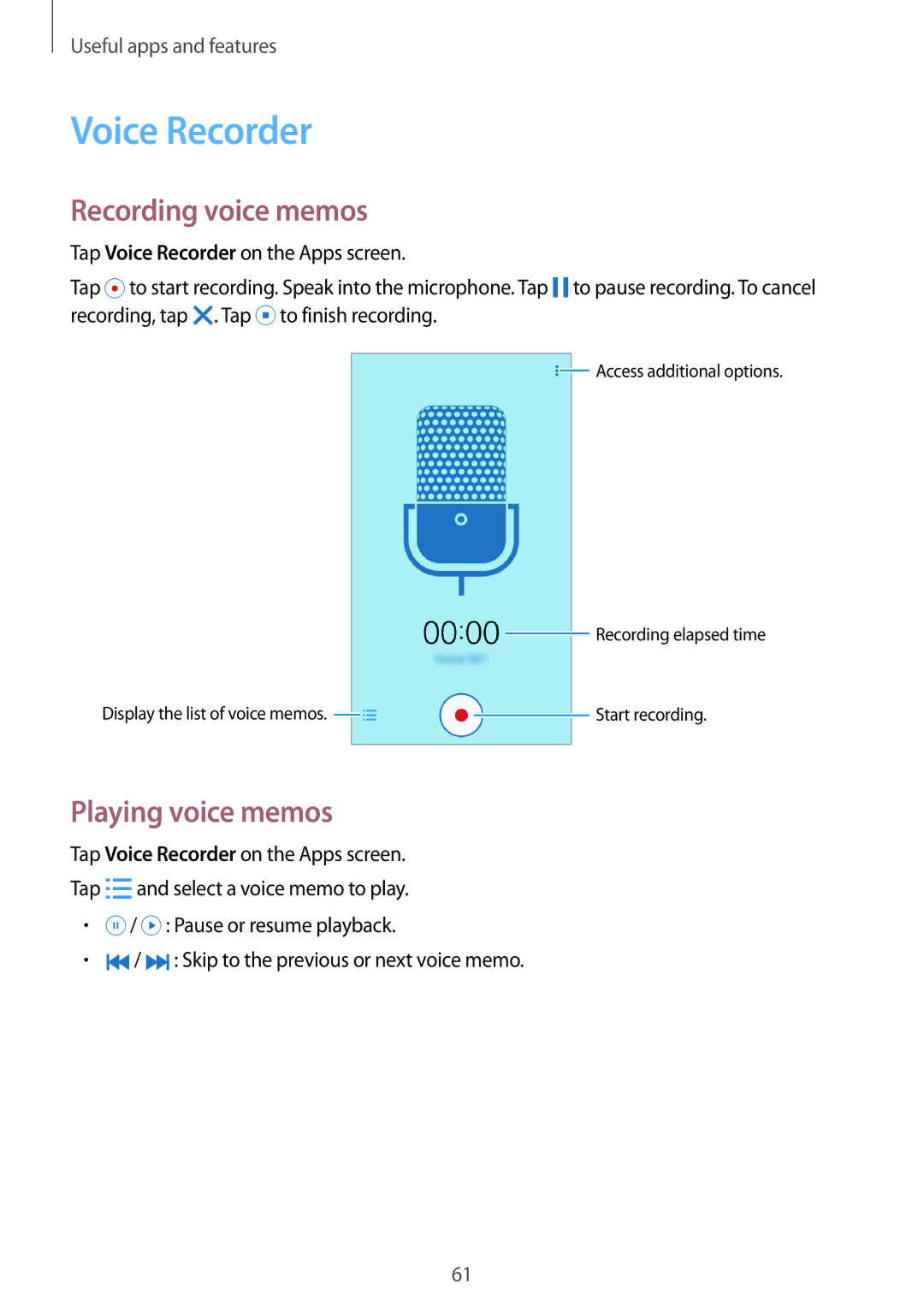 Samsung SM-G531FZWABGL, SM-G531FZWAMEO, SM-G531FZWACOS manual Voice Recorder, Recording voice memos, Playing voice memos 