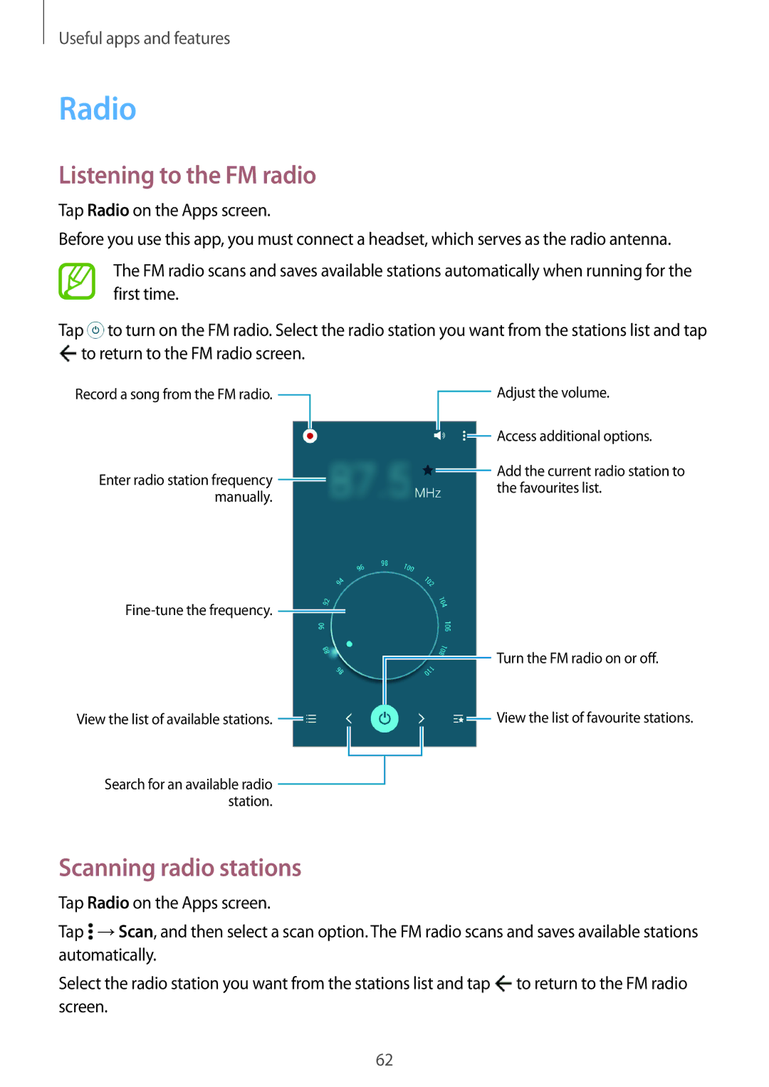 Samsung SM2G531FZDABGL, SM-G531FZWAMEO, SM-G531FZWACOS manual Radio, Listening to the FM radio, Scanning radio stations 