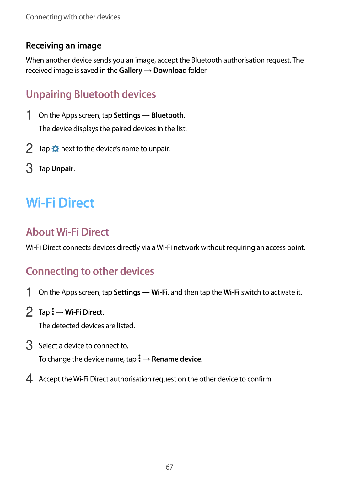 Samsung SM2G531FZAATWO, SM-G531FZWAMEO Unpairing Bluetooth devices, About Wi-Fi Direct, Connecting to other devices 