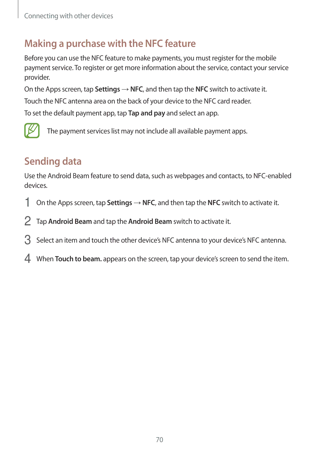 Samsung SM2G531FZWAETL, SM-G531FZWAMEO, SM-G531FZWACOS, SM-G531FZAATCL Making a purchase with the NFC feature, Sending data 