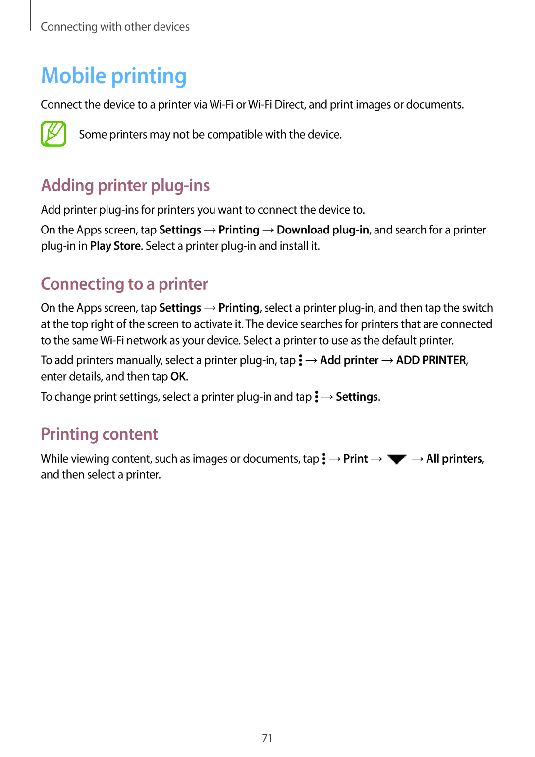 Samsung SM2G531FZWATMH, SM-G531FZWAMEO Mobile printing, Adding printer plug-ins, Connecting to a printer, Printing content 