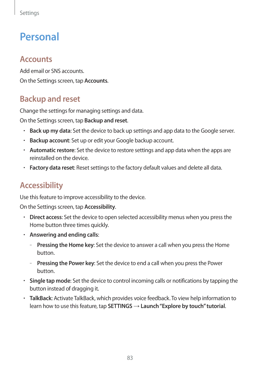 Samsung SM-G531FZAAO2C, SM-G531FZWAMEO, SM-G531FZWACOS, SM-G531FZAATCL Personal, Accounts, Backup and reset, Accessibility 