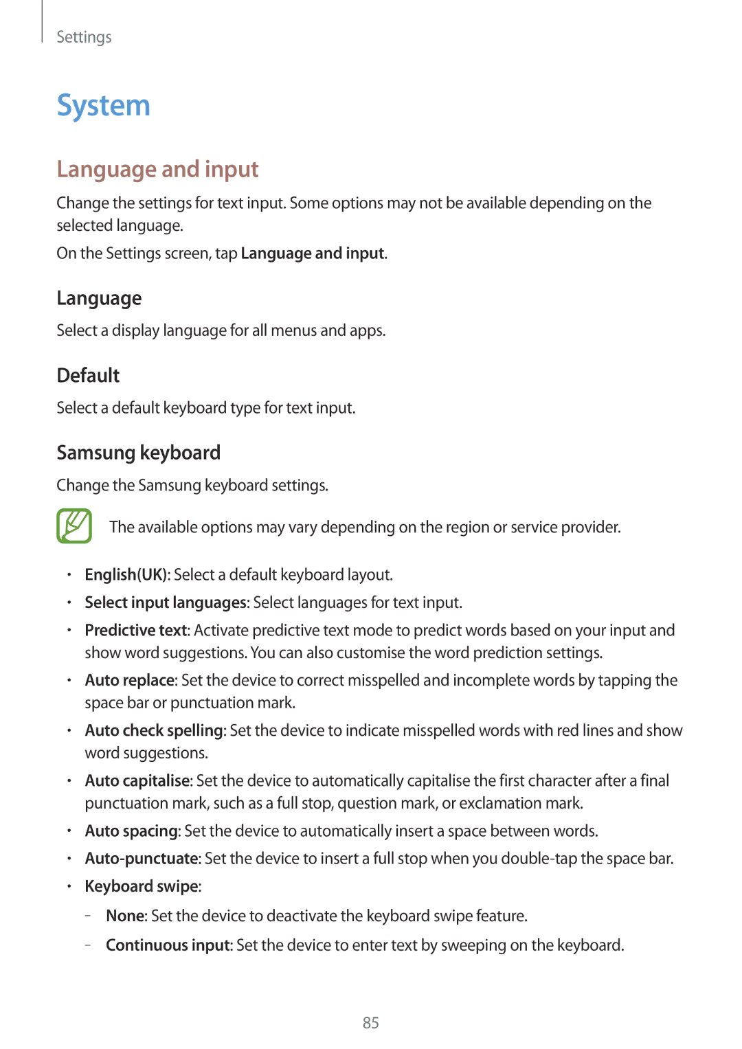 Samsung SM-G531FZAATMH, SM-G531FZWAMEO, SM-G531FZWACOS, SM-G531FZAATCL System, Language and input, Default, Samsung keyboard 