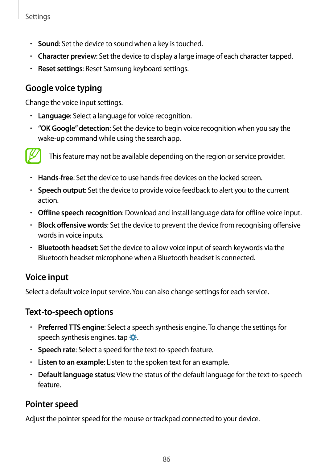 Samsung SM-G531FZWAORX, SM-G531FZWAMEO manual Google voice typing, Voice input, Text-to-speech options, Pointer speed 