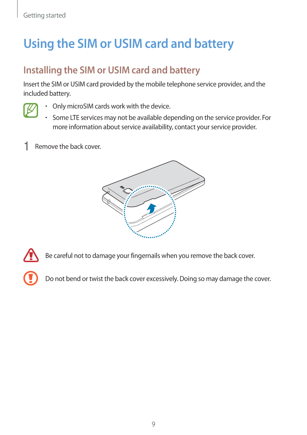 Samsung SM-G531FZWAIDE, SM-G531FZWAMEO Using the SIM or Usim card and battery, Installing the SIM or Usim card and battery 