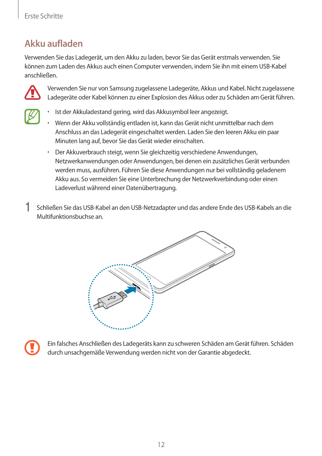 Samsung SM-G531FZAACOS, SM-G531FZWAMEO, SM-G531FZWACOS, SM-G531FZAATCL, SM-G531FZAAPLS, SM-G531FZWATPH manual Akku aufladen 