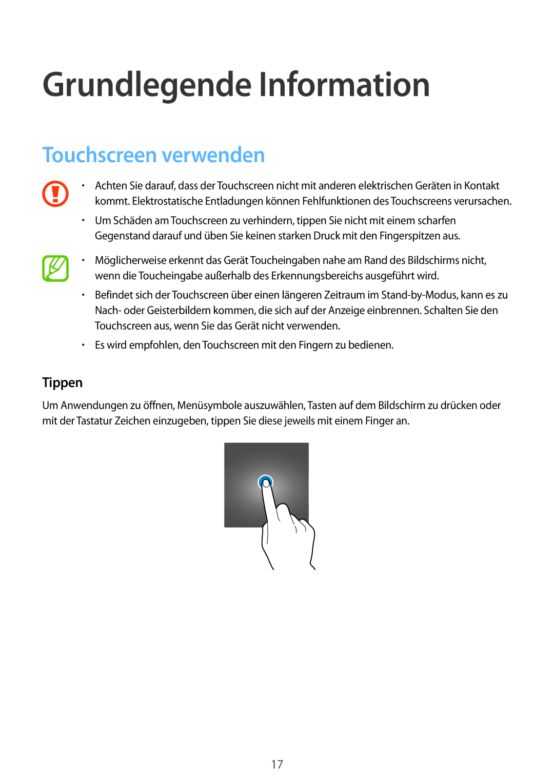 Samsung SM-G531FZWATUR, SM-G531FZWAMEO, SM-G531FZWACOS manual Grundlegende Information, Touchscreen verwenden, Tippen 