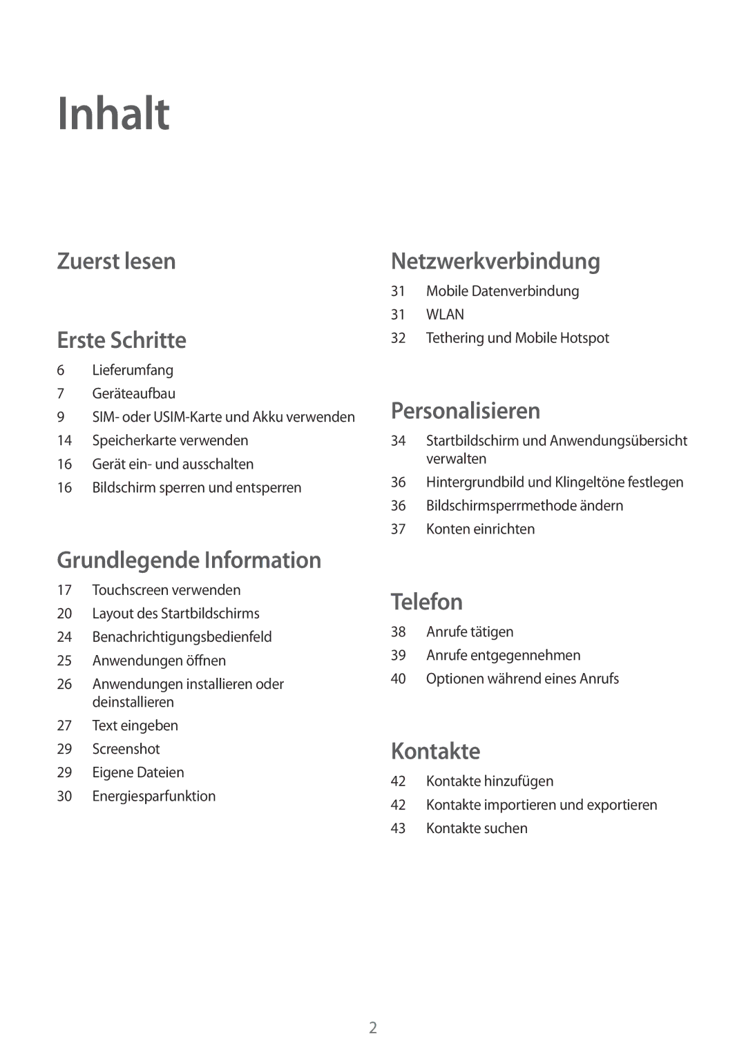 Samsung SM-G531FZAATCL, SM-G531FZWAMEO, SM-G531FZWACOS, SM-G531FZAAPLS, SM-G531FZWATPH Inhalt, Zuerst lesen Erste Schritte 