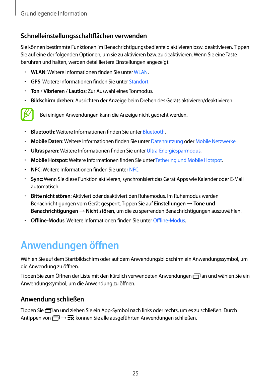 Samsung SM-G531FZDASEB, SM-G531FZWAMEO Anwendungen öffnen, Schnelleinstellungsschaltflächen verwenden, Anwendung schließen 