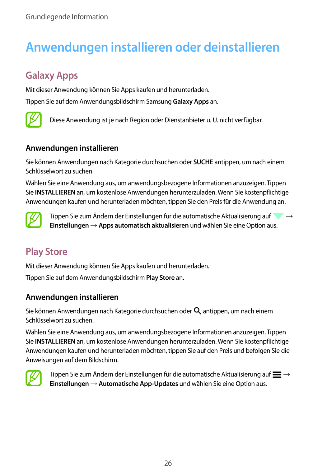 Samsung SM-G531FZDAIDE, SM-G531FZWAMEO manual Anwendungen installieren oder deinstallieren, Galaxy Apps, Play Store 