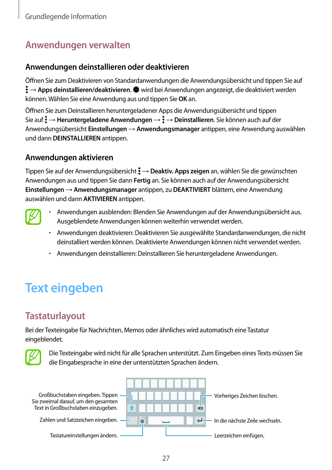 Samsung SM-G531FZAAEUR Text eingeben, Anwendungen verwalten, Tastaturlayout, Anwendungen deinstallieren oder deaktivieren 