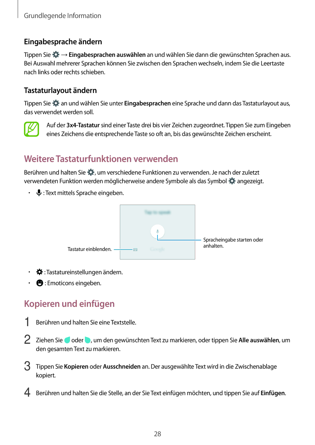 Samsung SM-G531FZWAPLS, SM-G531FZWAMEO Weitere Tastaturfunktionen verwenden, Kopieren und einfügen, Eingabesprache ändern 