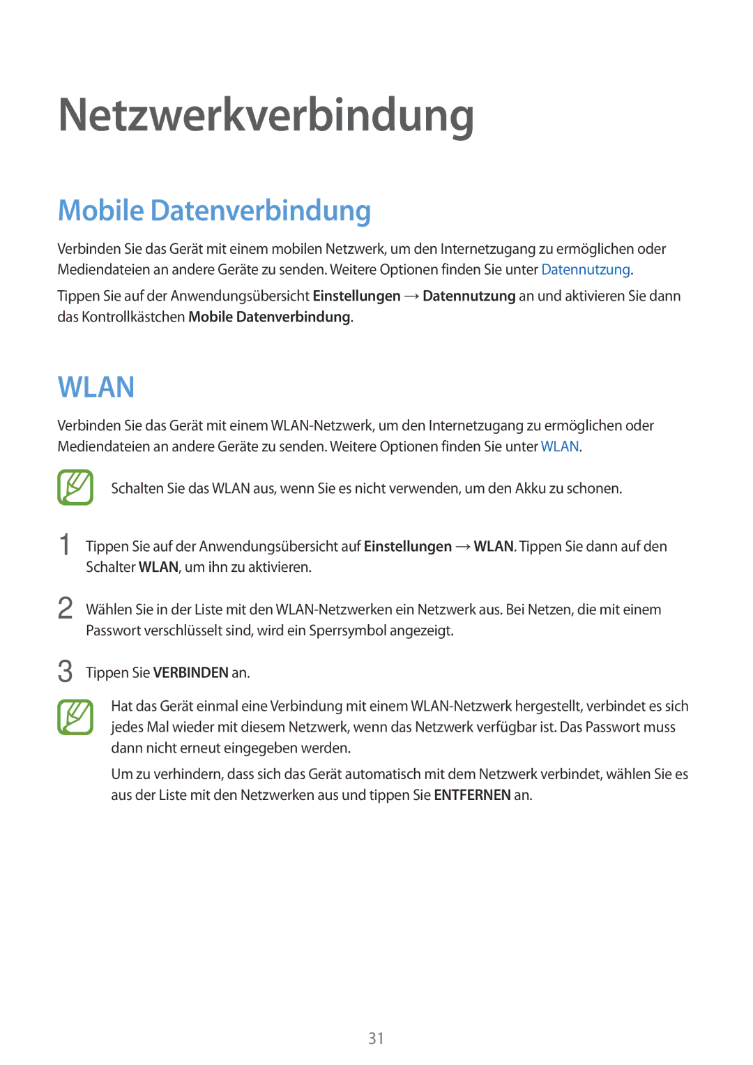 Samsung SM-G531FZAAXEO, SM-G531FZWAMEO, SM-G531FZWACOS, SM-G531FZAATCL manual Netzwerkverbindung, Mobile Datenverbindung 