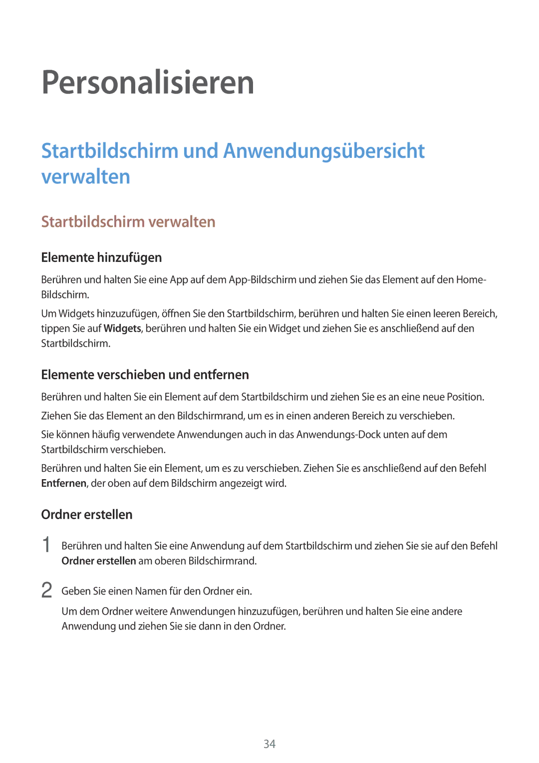 Samsung SM-G531FZAAMEO manual Personalisieren, Startbildschirm und Anwendungsübersicht verwalten, Startbildschirm verwalten 