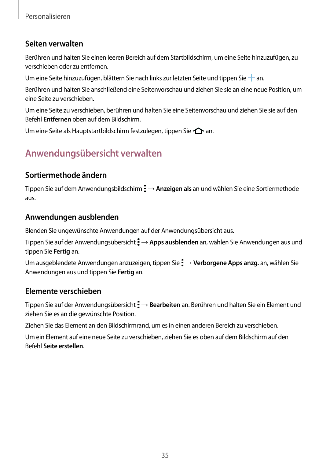 Samsung SM-G531FZAABOG Anwendungsübersicht verwalten, Seiten verwalten, Sortiermethode ändern, Anwendungen ausblenden 