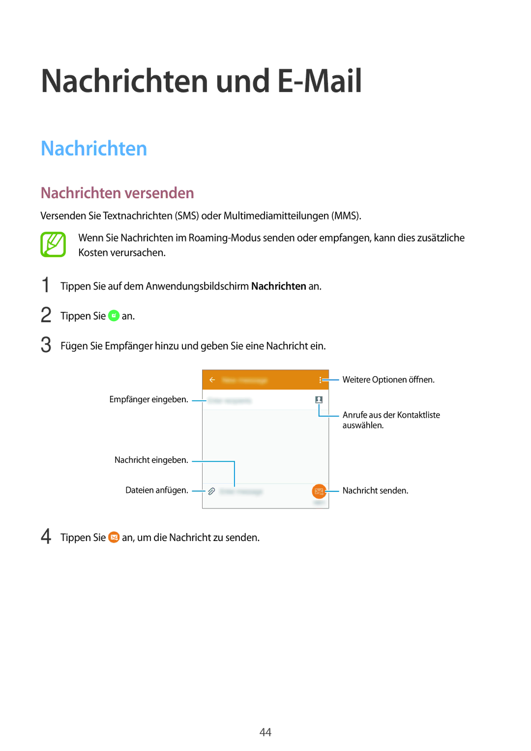 Samsung SM-G531FZWAMEO, SM-G531FZWACOS, SM-G531FZAATCL, SM-G531FZAAPLS manual Nachrichten und E-Mail, Nachrichten versenden 