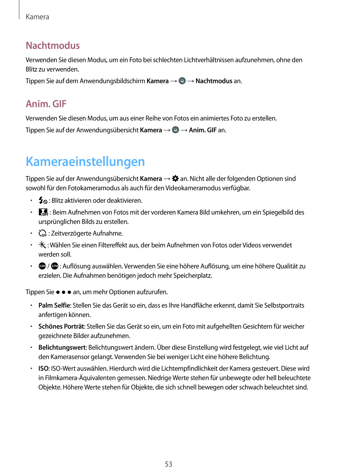 Samsung SM-G531FZWAIDE, SM-G531FZWAMEO, SM-G531FZWACOS, SM-G531FZAATCL manual Kameraeinstellungen, Nachtmodus, Anim. GIF 