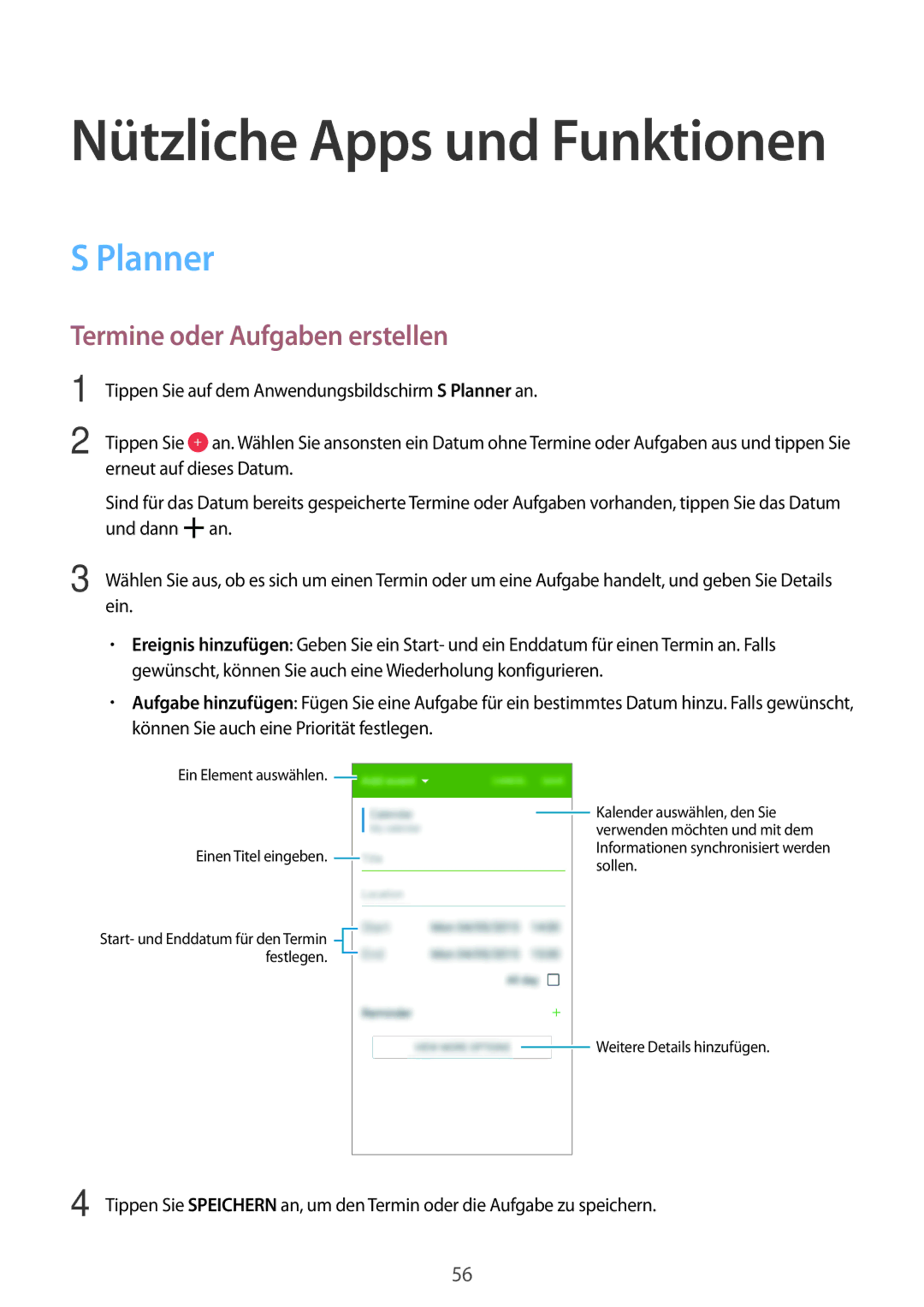 Samsung SM-G531FZAACOS, SM-G531FZWAMEO, SM-G531FZWACOS, SM-G531FZAATCL manual Planner, Termine oder Aufgaben erstellen 