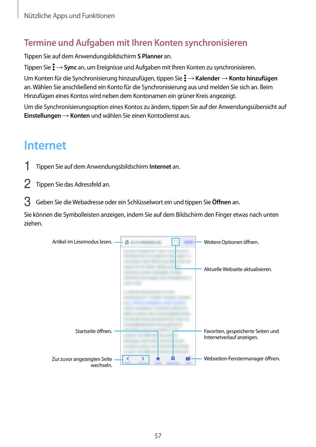 Samsung SM-G531FZWAEUR, SM-G531FZWAMEO, SM-G531FZWACOS manual Internet, Termine und Aufgaben mit Ihren Konten synchronisieren 