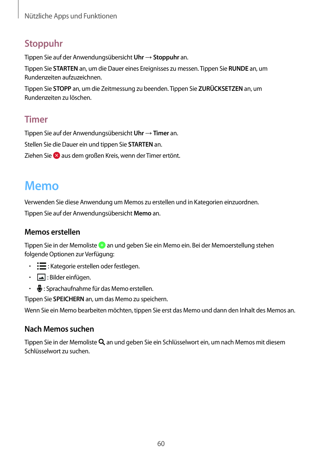 Samsung SM-G531FZWASEB, SM-G531FZWAMEO, SM-G531FZWACOS manual Stoppuhr, Timer, Memos erstellen, Nach Memos suchen 