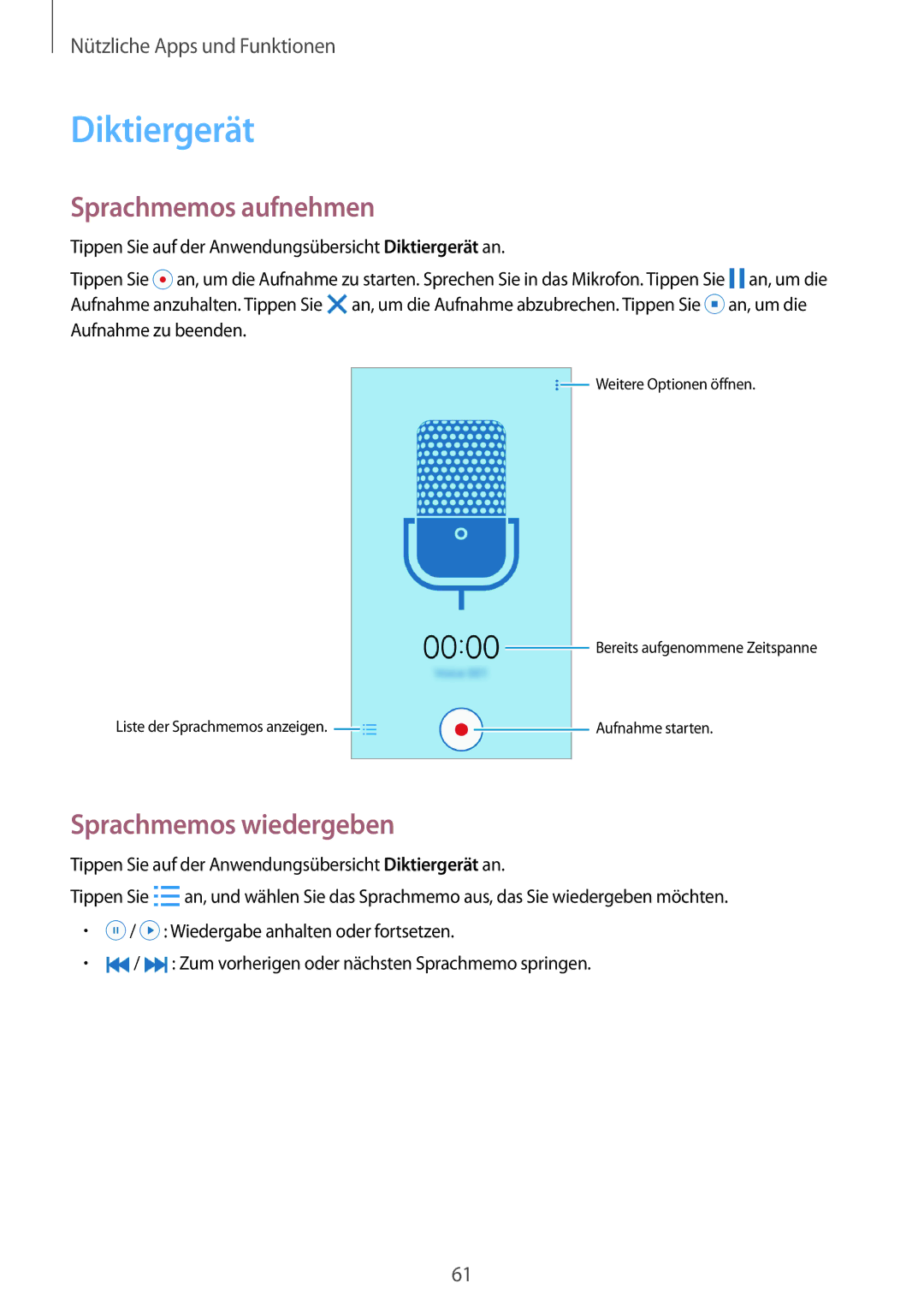 Samsung SM-G531FZWATUR, SM-G531FZWAMEO, SM-G531FZWACOS manual Diktiergerät, Sprachmemos aufnehmen, Sprachmemos wiedergeben 