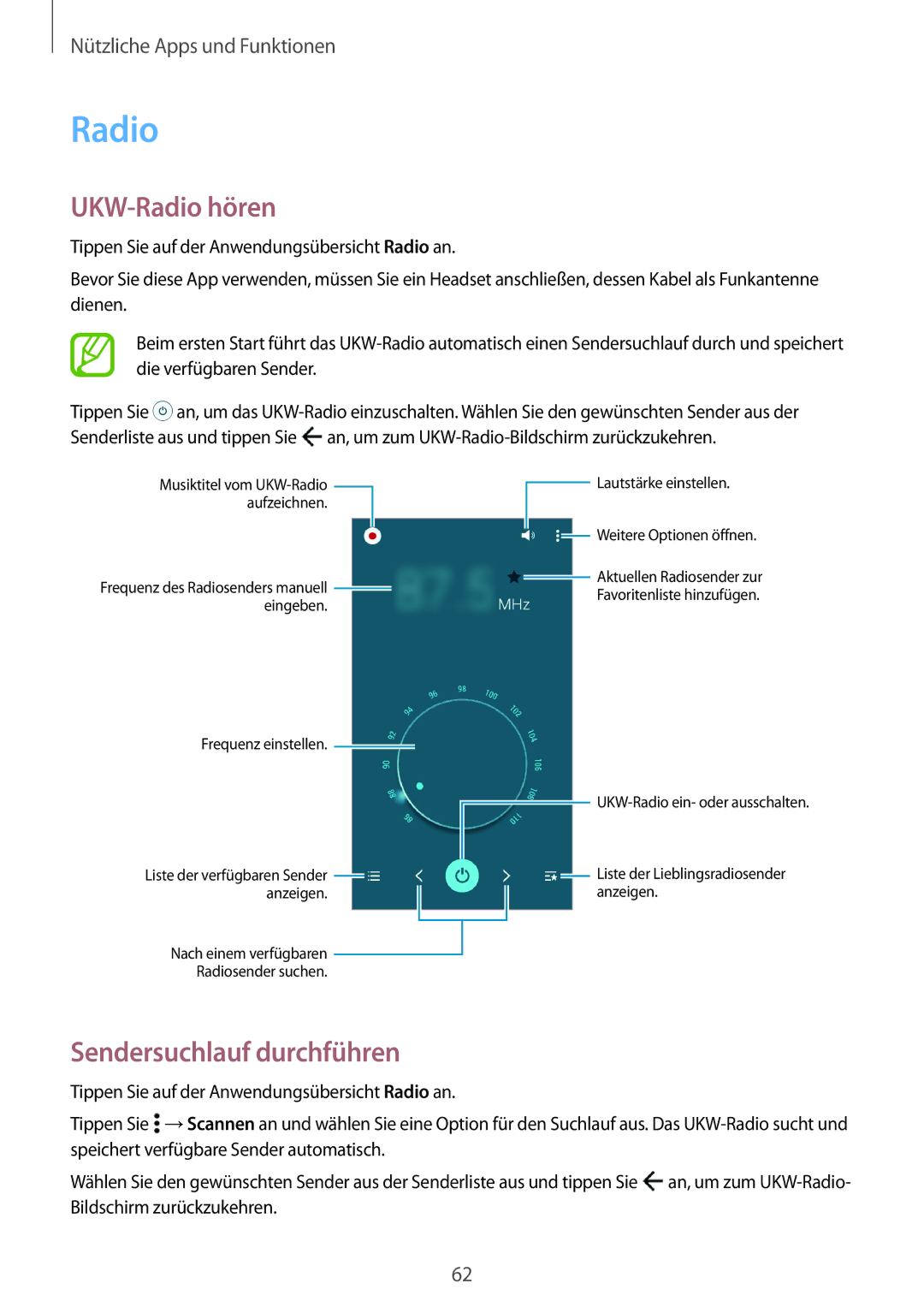 Samsung SM-G531FZDAXEO, SM-G531FZWAMEO, SM-G531FZWACOS, SM-G531FZAATCL manual UKW-Radio hören, Sendersuchlauf durchführen 