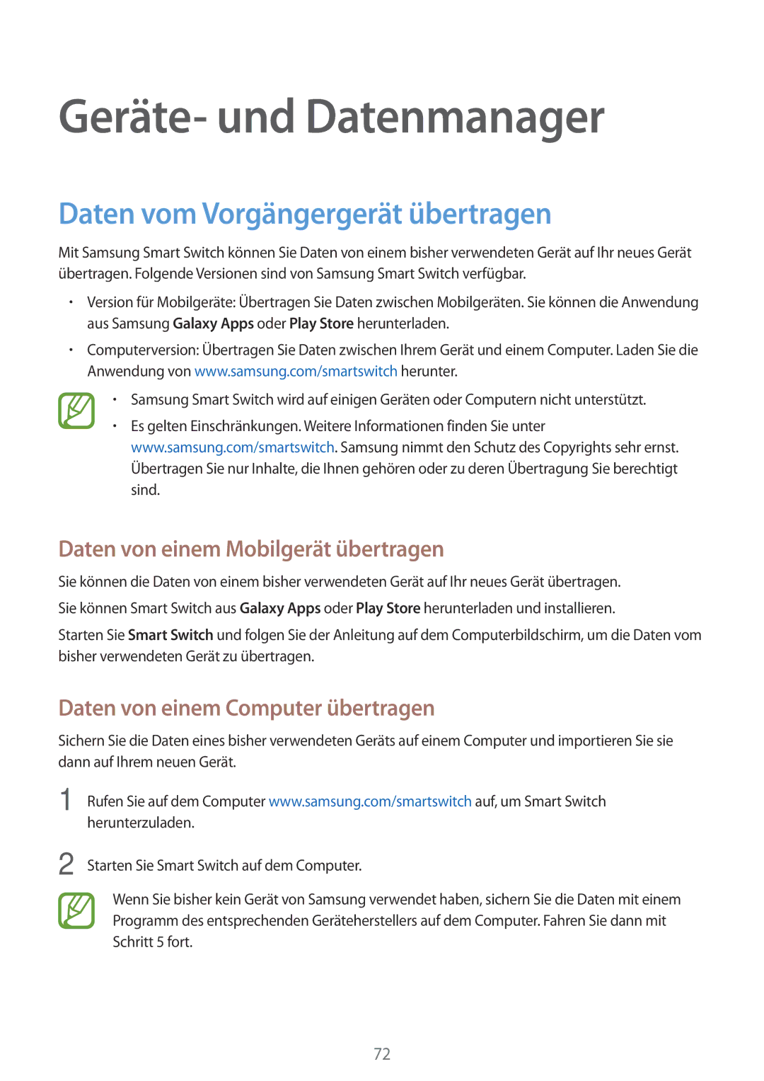 Samsung SM-G531FZWAPLS Geräte- und Datenmanager, Daten vom Vorgängergerät übertragen, Daten von einem Computer übertragen 