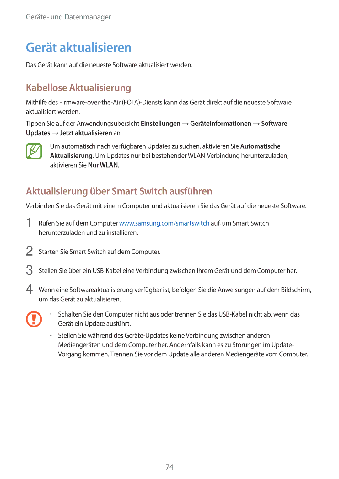 Samsung SM-G531FZDATUR manual Gerät aktualisieren, Kabellose Aktualisierung, Aktualisierung über Smart Switch ausführen 